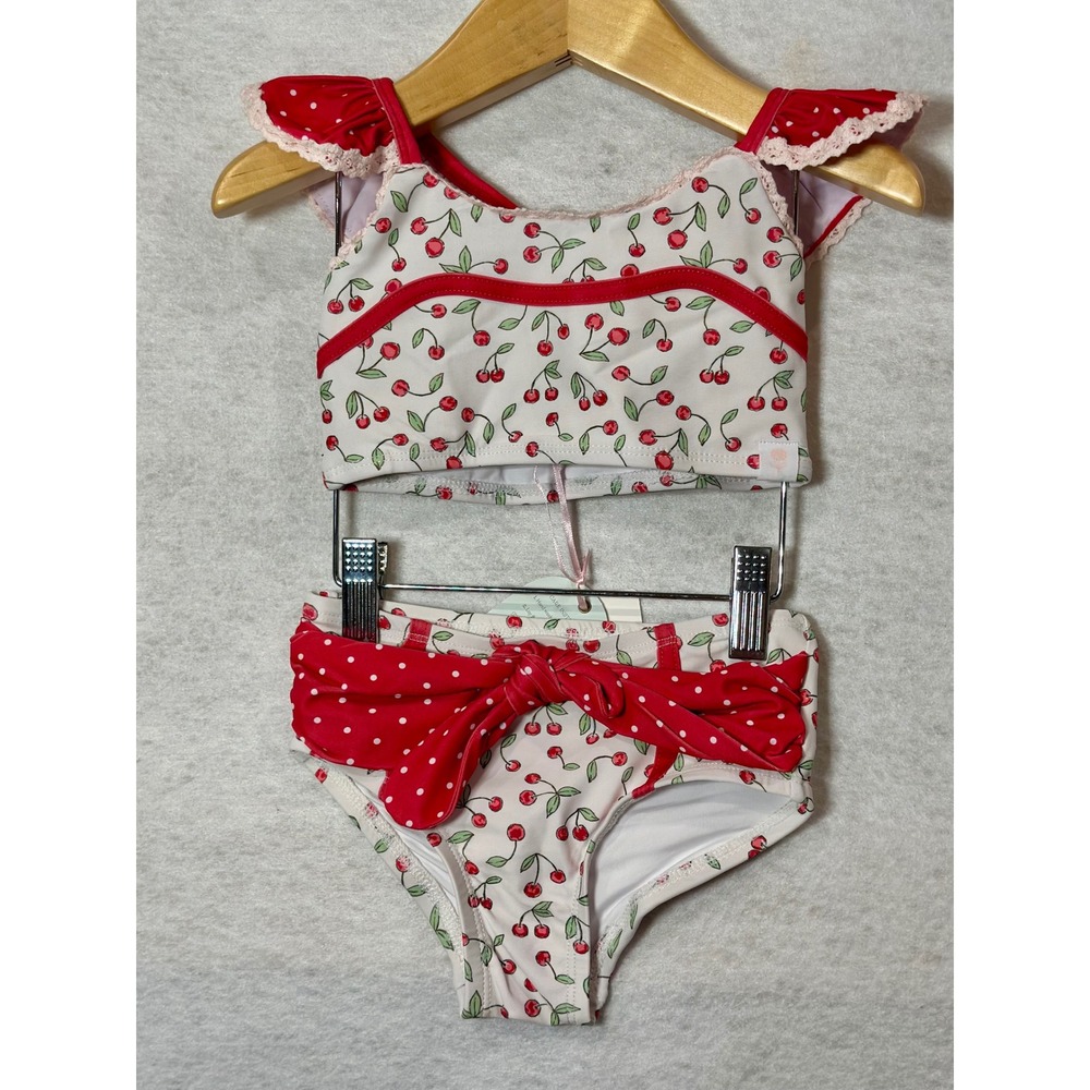 SweetHoney Girls Cherry Print Two Piece Swimsuit Ruffle Bow Red White 3T NWT